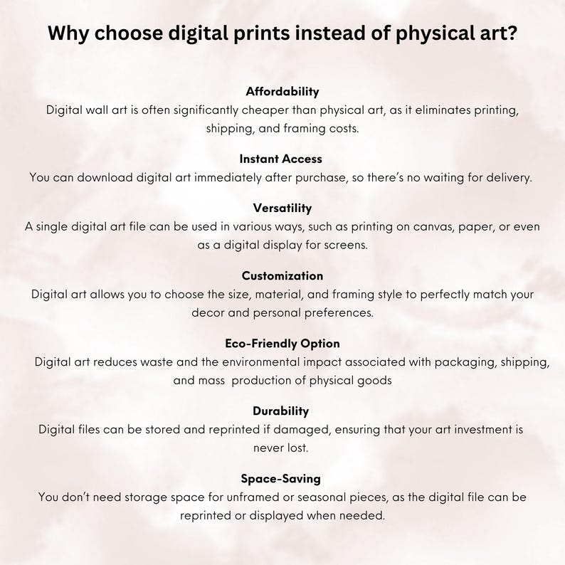 Puede incluir: Una infograf&iacute;a basada en texto que explica los beneficios de elegir impresiones digitales en lugar de arte f&iacute;sico. La infograf&iacute;a enumera las ventajas del arte digital, que incluyen la asequibilidad, el acceso instant&aacute;neo, la versatilidad, la personalizaci&oacute;n, la ecolog&iacute;a, la durabilidad y el ahorro de espacio.