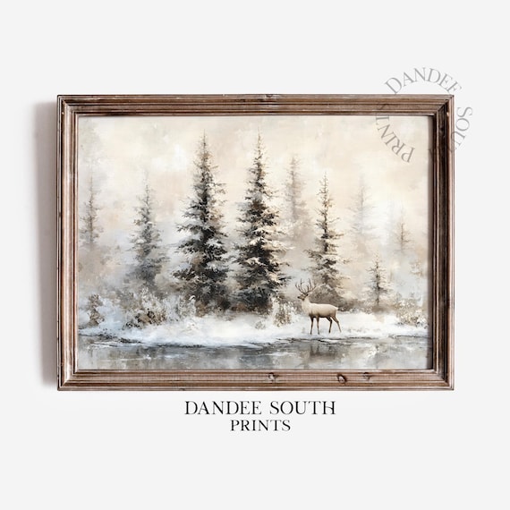 Winter Landscape Wall Art PRINTABLE,  Snowy Forest and Deer Digital Wall Art, Rustic Country Farmhouse Decor, Winter Pine Forest Print, 668