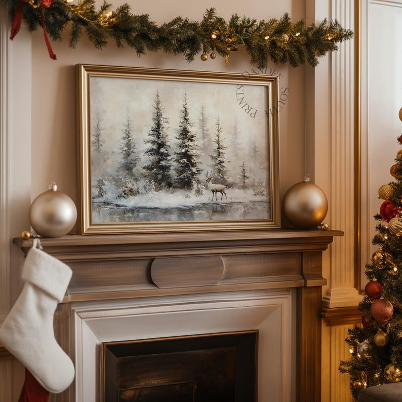 May include: A framed landscape painting of a forest scene with a deer, displayed on a mantelpiece. The painting has a gold frame and is surrounded by Christmas decorations, including ornaments, a stocking, and a garland.