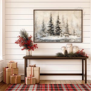 May include: A cozy interior scene featuring a dark wood console table adorned with festive decorations. A framed landscape painting hangs above the table. Wrapped gift boxes and a plaid rug add to the holiday ambiance. A wreath decorates the door.