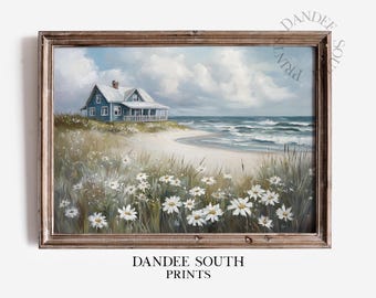 Coastal Landscape Wall Art Printable, Vintage Beach Digital Art, Beach House Decor, Coastal Wildflowers Decor, Seaside Art Printable, 183