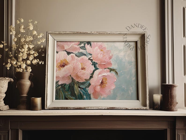 Antique Pink Peonies Wall Art Printable, Vintage Still Life Flowers Oil ...