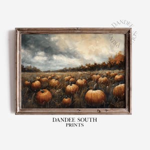 May include: A framed print of a pumpkin patch in a field under a cloudy sky. The pumpkins are orange and brown, and the field is filled with tall grass. The print is labeled "DANDEE SOUTH PRINTS".