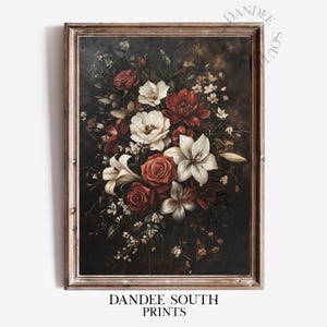 May include: A framed painting of a bouquet of red and white flowers, including roses and lilies, against a dark background.