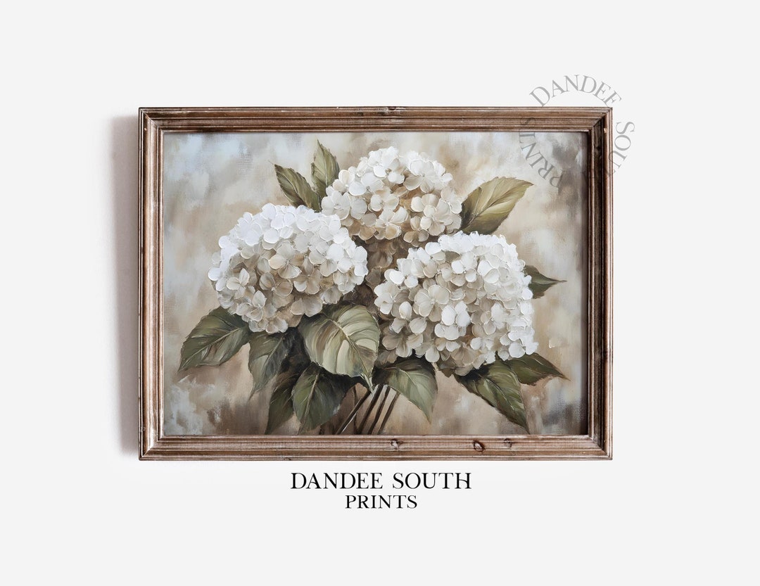 White Hydrangea Oil Painting Printable Wall Art, Floral Digital Art ...