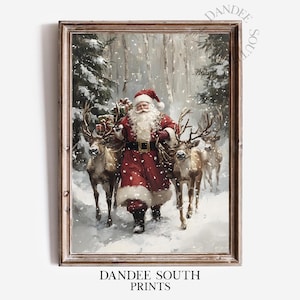 May include: A framed print featuring Santa Claus in a red suit, carrying gifts and walking with reindeer through a snowy forest. The artwork has a vintage, painterly style, with the text "DANDEE SOUTH PRINTS" at the bottom.
