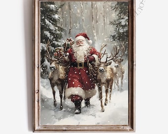 May include: A framed print featuring Santa Claus in a red suit, carrying gifts and walking with reindeer through a snowy forest. The artwork has a vintage, painterly style, with the text "DANDEE SOUTH PRINTS" at the bottom.