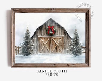 Christmas Barn Wall Art PRINTABLE, Snowy Winter Barn Landscape Digital Art, Vintage Farmhouse Christmas Decor, Rustic Holiday Print, 678
