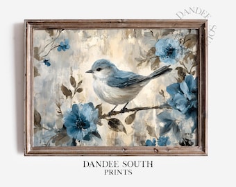 Vintage Spring Bird Digital Wall Art, Printable Floral Bird Wall Art, Blue Bird Print, French Country Farmhouse Decor, Digital Art, 172