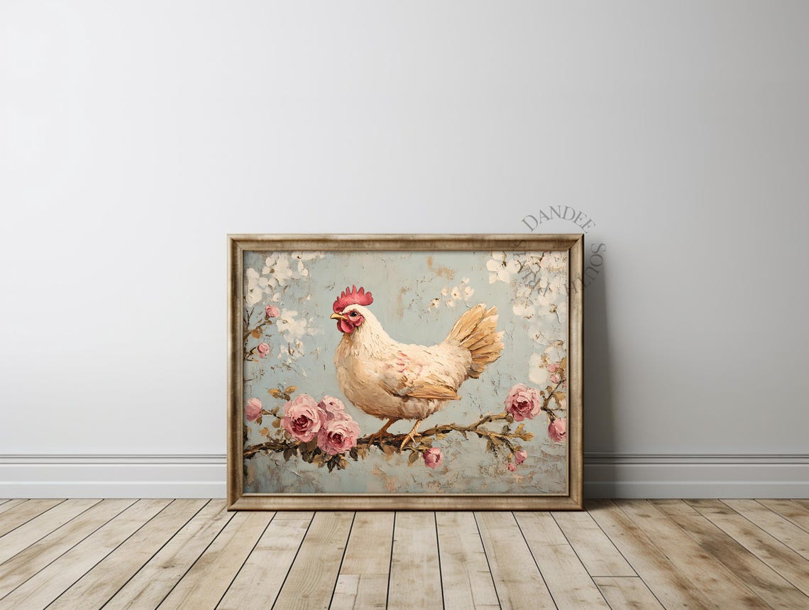 Vintage Chicken Digital Wall Art, Printable Floral Chicken Wall Art ...
