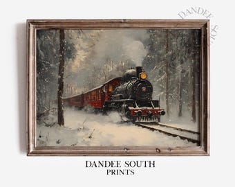 Vintage Christmas Train Wall Art PRINTABLE, Winter Landscape Digital Wall Art, Farmhouse Christmas Wall Decor, Rustic Holiday Print, 744