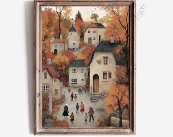 Può includere: Una stampa incorniciata di una pittoresca scena di paese in autunno. L'opera presenta edifici con tetti di tegole rosse e muri in pietra, circondati da alberi con foglie arancioni e gialle. Le persone passeggiano lungo un sentiero acciottolato.