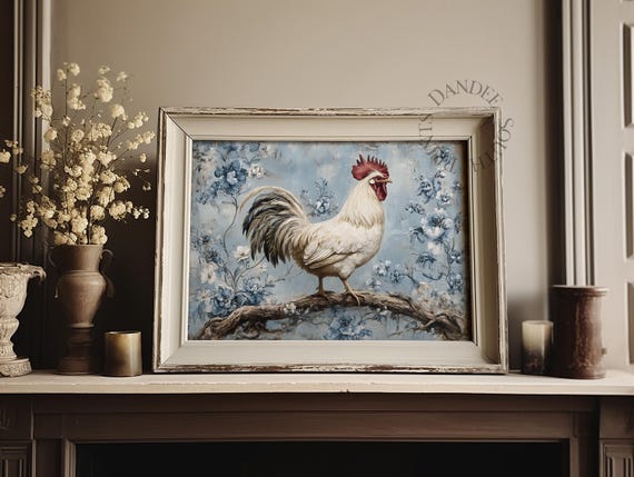 Vintage Rooster Digital Wall Art, Printable Floral Chicken Wall