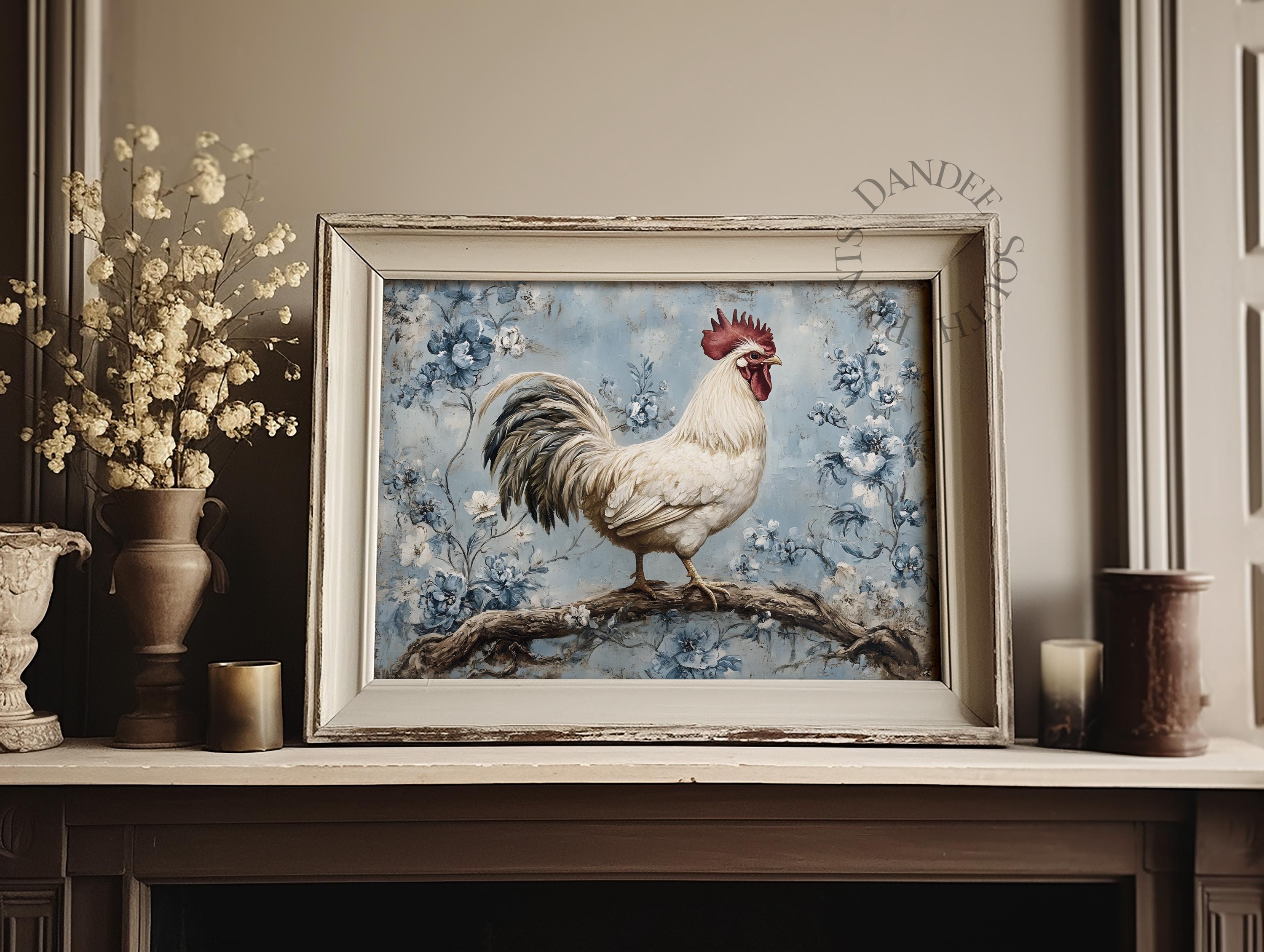 Vintage Rooster Digital Wall Art, Printable Floral Chicken Wall