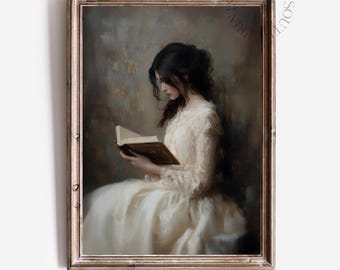 Arte digital de pared de una chica leyendo, arte imprimible, decoración para rincones de lectura, arte de pared de biblioteca, pintura al óleo digital de una mujer leyendo, 488