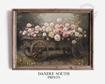 Printable Wildflowers Wall Art, Vintage Floral Cart Digital Painting, Farmhouse Art Printable, Spring Flowers Wall Art, Wall Decor, 330