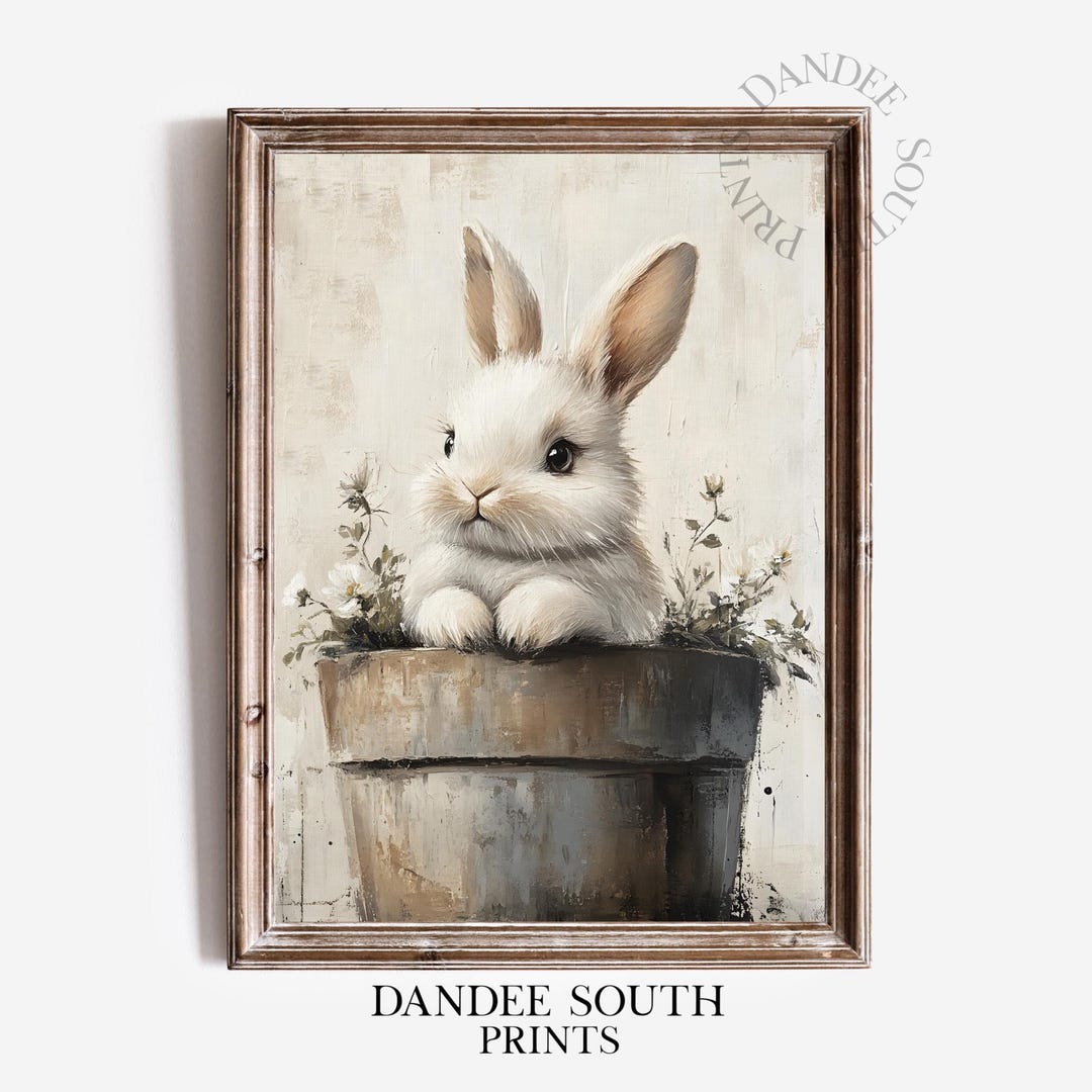 Baby Bunny Wall Art Printable, Rabbit in Flower Pot Digital Wall Art ...