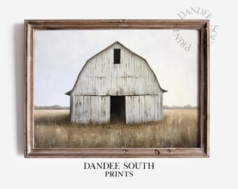 May include: A framed print of a white barn with an open door, set in a field of dry grass. The barn has a weathered appearance, and the print is in a brown wooden frame. The text "DANDEE SOUTH PRINTS" is at the bottom.