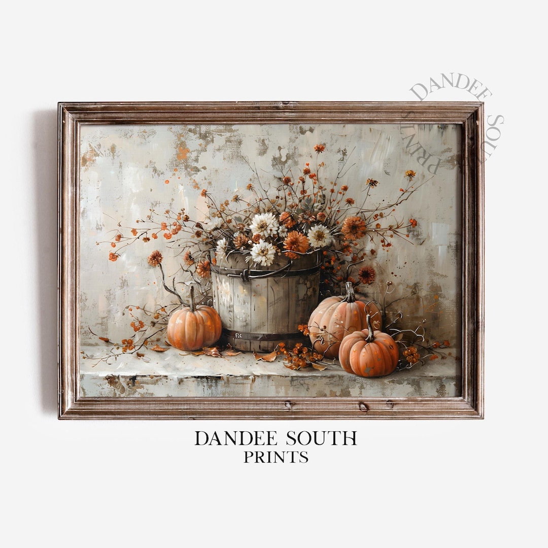Rustic Fall Digital Wall Art Printable, Autumn Wildflowers and Pumpkins ...