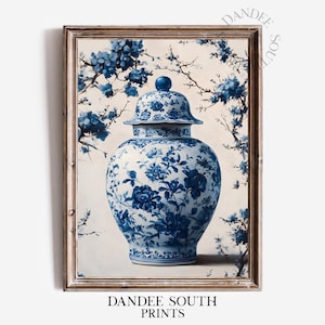 Blue Chinoiserie Ginger Jar Wall Art Printable, Floral Vase Digital Wall Art,  Classic Blue Vintage Toile De Jouy Printable Vase, 265