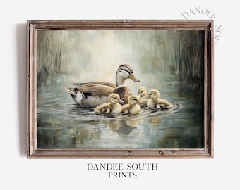 Arte mural imprimible de patos vintage, pintura al óleo de patos nadando, impresión digital de paisaje de lago, naturaleza y vida silvestre, 510