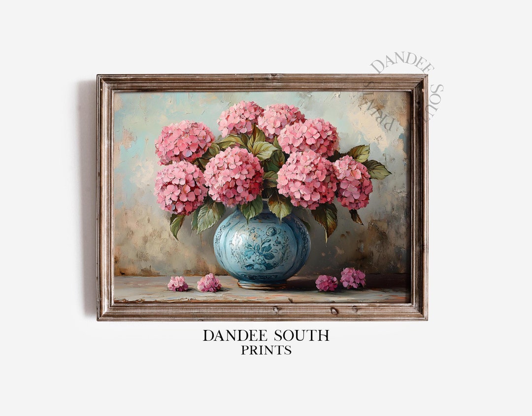 Pink Hydrangea Oil Painting Printable Wall Art, Floral Digital Art ...