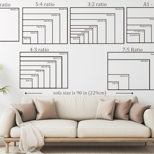Puede incluir: Un diagrama que muestra diferentes proporciones de aspecto para obras de arte, incluyendo 14:11, 5:4, 4:3, 3:2, 7:5 y A1-A5. El diagrama muestra los diferentes tama&ntilde;os de obras de arte que cabr&iacute;an en un sof&aacute; de 90 pulgadas.