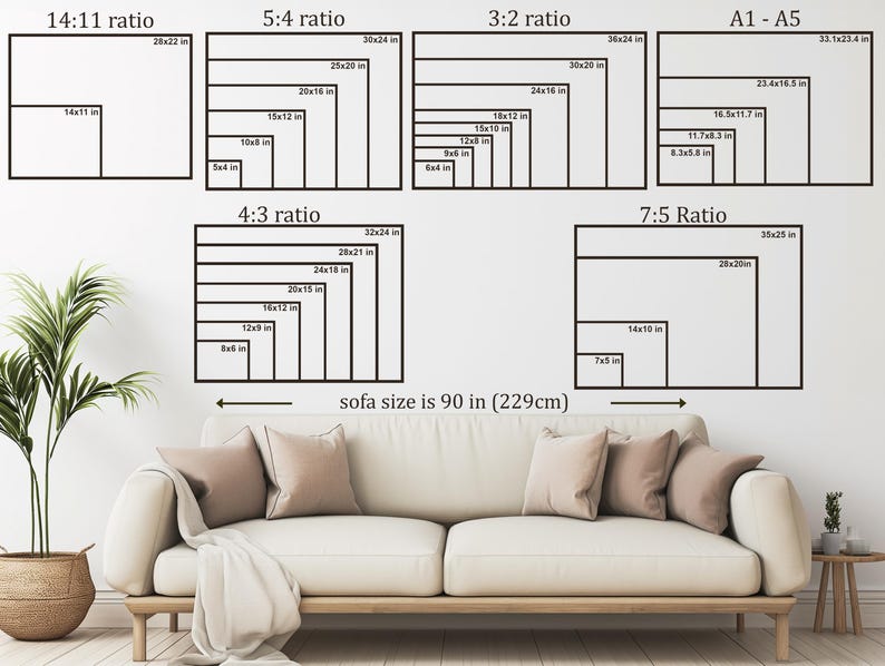 Puede incluir: Un diagrama que muestra diferentes proporciones de aspecto para obras de arte, incluyendo 14:11, 5:4, 4:3, 3:2, 7:5 y A1-A5. El diagrama muestra los diferentes tama&ntilde;os de obras de arte que cabr&iacute;an en un sof&aacute; de 90 pulgadas.