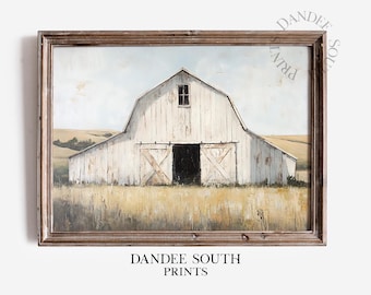 May include: A framed painting of a white barn with a wooden door and a single window. The barn is set against a backdrop of a field of tall grass.
