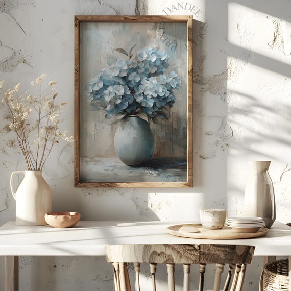 Blue Hydrangea Printable Wall Art, Floral Digital Art, Rustic