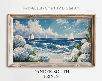 May include: A framed digital art print depicting a seascape with sailboats on a blue ocean under a bright sky. White flowers frame the scene. The text "High-Quality Smart TV Digital Art" and "DANDEE SOUTH PRINTS" are visible.
