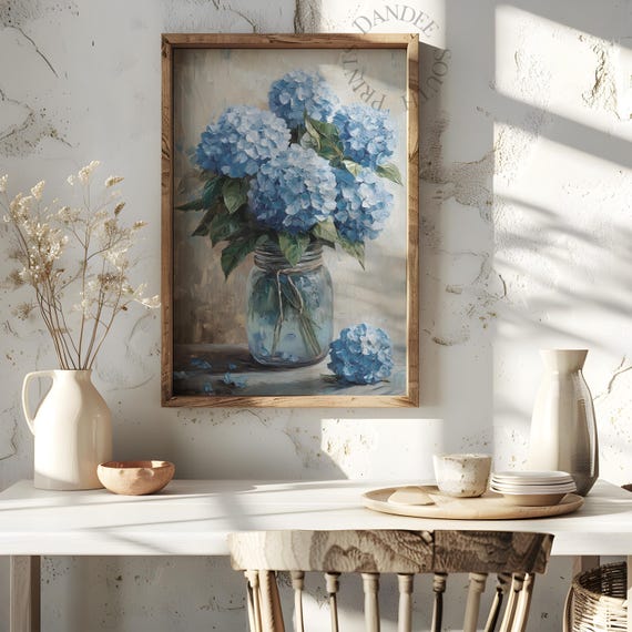 Blue Hydrangea Printable Wall Art, Floral Digital Art, Rustic