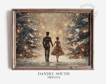 May include: A framed print depicts a couple walking hand-in-hand through a snowy forest. The artwork features a warm color palette with soft lighting and a vintage aesthetic. The text "DANDEE SOUTH PRINTS" is at the bottom.
