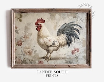 Arte digital de gallo vintage, arte floral imprimible de pollo, impresión de gallo vintage, decoración de casa de campo francesa, arte digital, 232