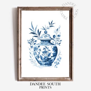 Blue Chinoiserie Ginger Jar Wall Art Printable, Floral Vase Digital Wall Art,  Classic Blue Vintage Toile De Jouy Printable Vase, 266