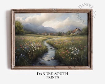 Afdrukbaar landschapsolieverfschilderij, vintage wilde bloemen landschap digitale kunst print, lente land veld muur kunst, boerderij muur decor, 184