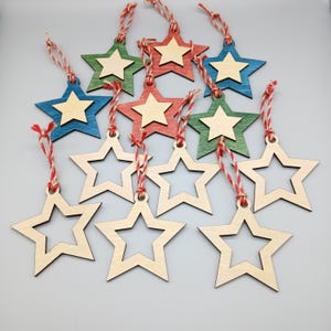 Set of 12 - Christmas Star Ornaments, Wood Laser Cut Christmas Star Ornaments with Red and Tan Jute Twine Cord Rope, Christmas Decor,