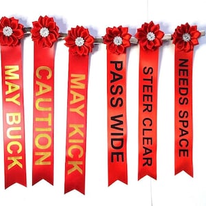 Puede incluir: Seis cintas rojas con texto dorado o negro y detalles de flores rojas. Las cintas dicen "MAY BUCK", "CAUTION", "MAY KICK", "PASS WIDE", "STEER CLEAR" y "NEEDS SPACE". Cada cinta tiene un clip plateado.