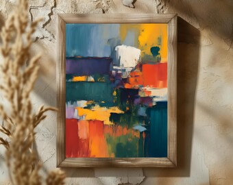 May include: Abstract painting in a wooden frame with a colorful design of red, orange, yellow, green, blue, and purple. The painting has a textured look and is framed in a natural wood frame.