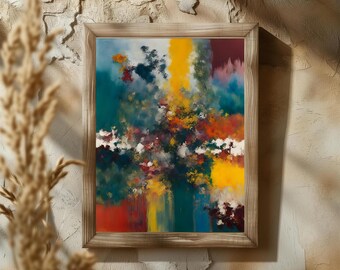 May include: Abstract painting in a wooden frame. The painting features a colorful, textured design with shades of blue, yellow, red, and white.
