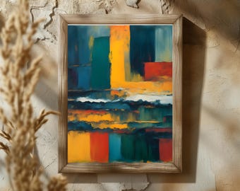 May include: Abstract painting in a wooden frame with a colorful geometric design featuring yellow, red, blue, and green hues.