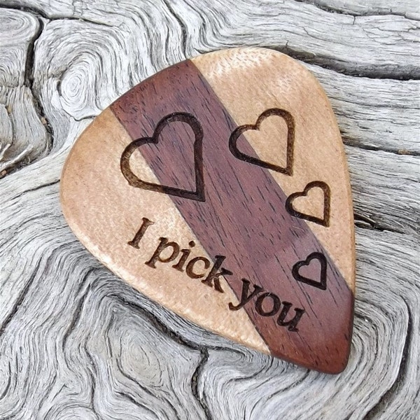 Premium Wood Guitar Pick - Laser Engraved 2 Sided Design - Handmade with Bolivian Rosewood and Hard Maple