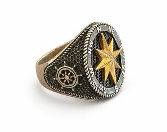 Anillo de brújula de plata de ley, joyería de sello con ancla náutica, regalo de estilo vintage