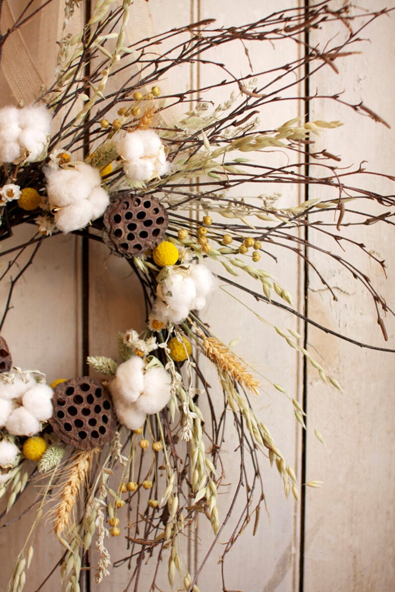 Cotton and Craspedia Wreath Spring Wreath Cotton Bolls Wedding Decor image 3