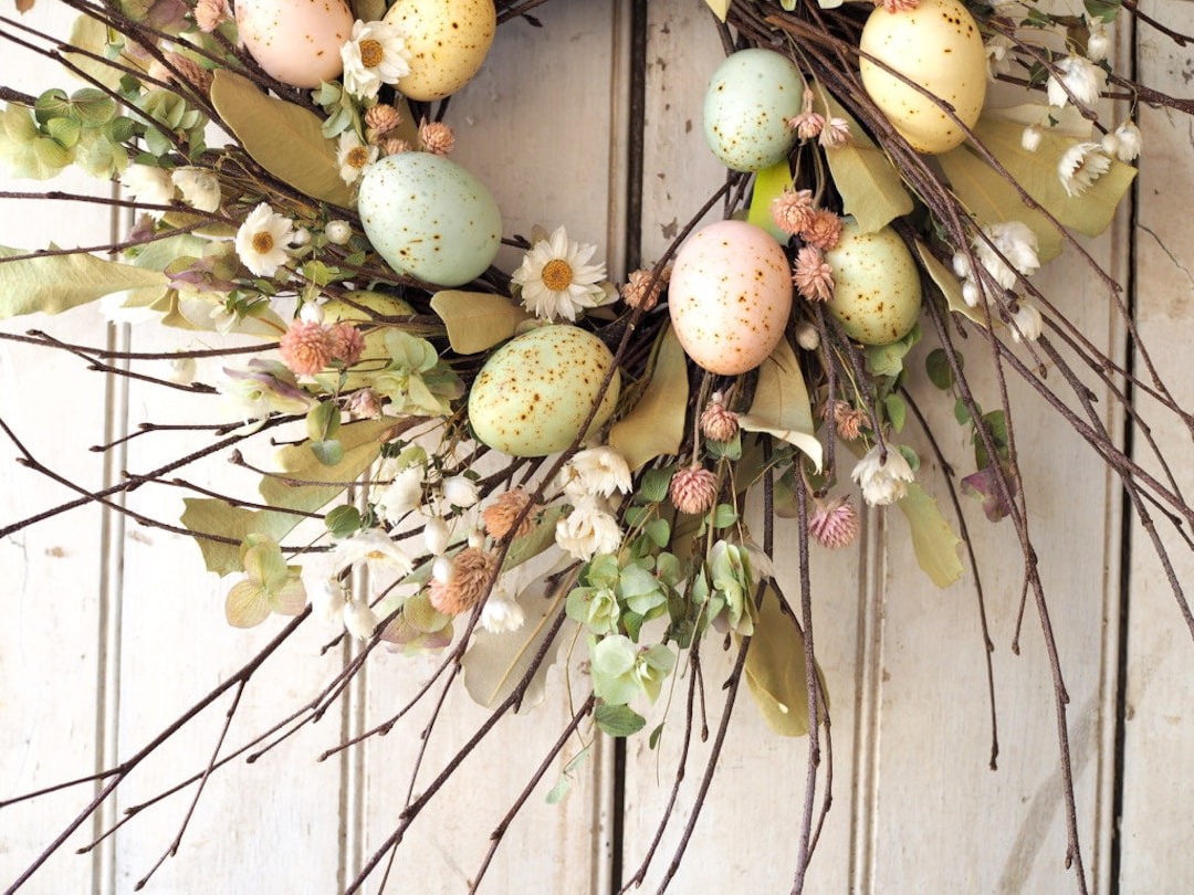 Spring Egg Wreath: Pastel Faux Eggs, Dried Flowers, Cottage Decor - Etsy
