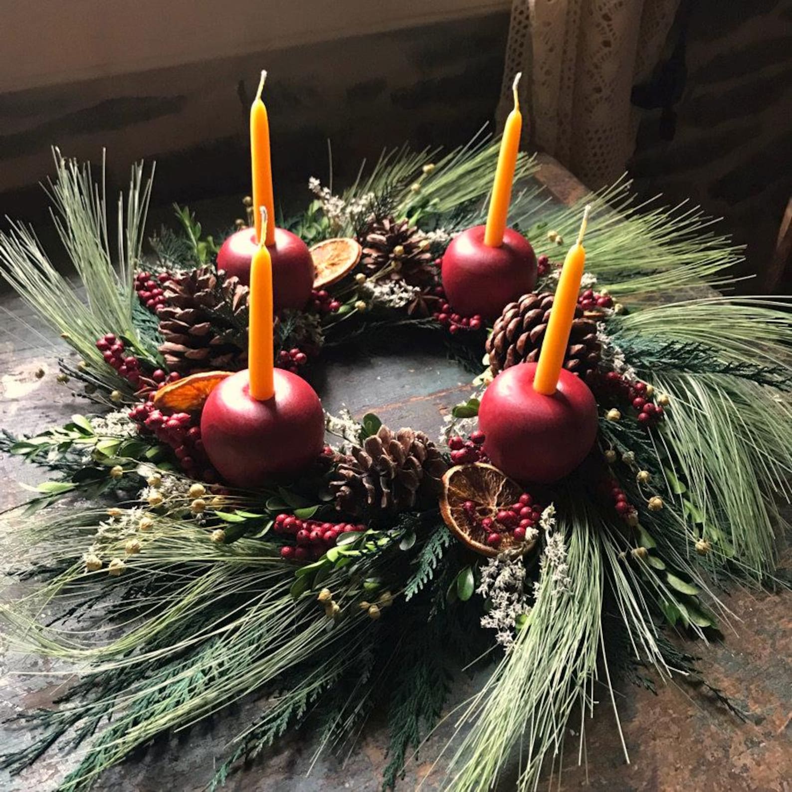 Colonial Advent Wreath - Advent Wreath - Christmas Table Centerpiece - Preserved Wreath