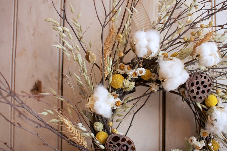 Cotton and Craspedia Wreath Spring Wreath Cotton Bolls Wedding Decor image 4