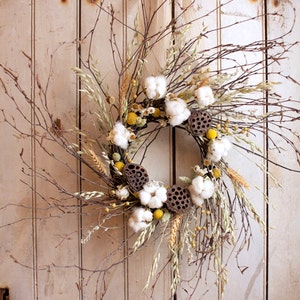 Cotton and Craspedia Wreath Spring Wreath Cotton Bolls Wedding Decor image 1