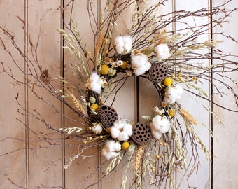 Cotton and Craspedia Wreath - Spring Wreath - Cotton Bolls - Wedding Decor