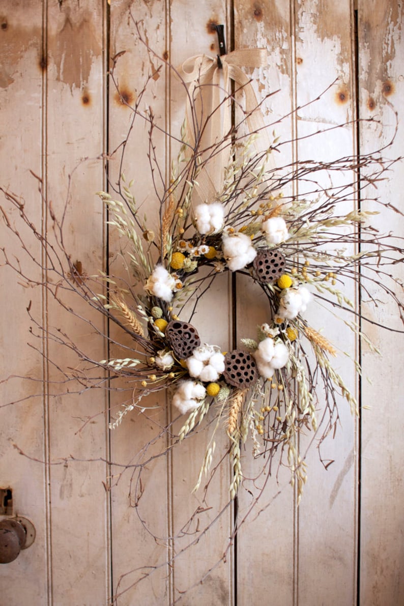 Cotton and Craspedia Wreath Spring Wreath Cotton Bolls Wedding Decor image 1